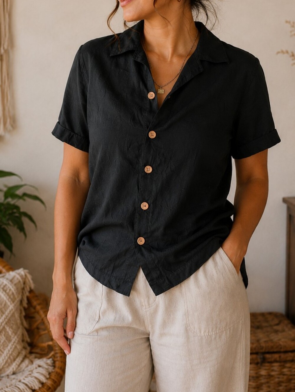 WestBound:: Boxy Black Leaf Print Short Sleeve Button Down